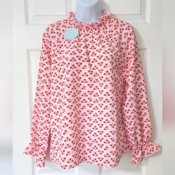 Hill House Pink Posey Millie Crepe Long Sleeve Blouse with Keyhole & Ruffle Trim - Picture 2 of 4